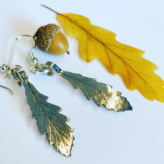 Eikeløv, sølv øyrepynt - Heng